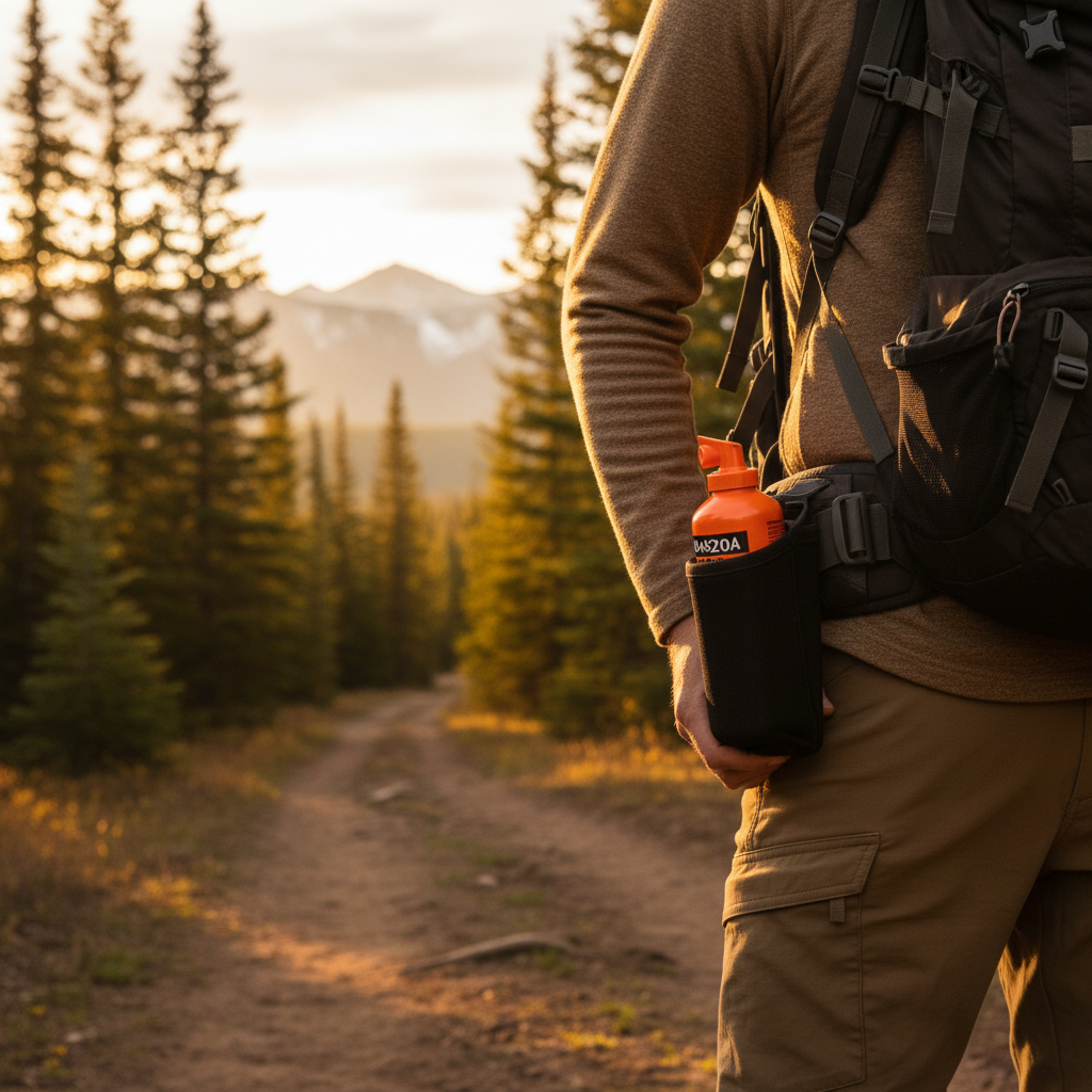 Bear spray canister in a hip holster on a hiker heading into the trails outside Bozeman, Montana