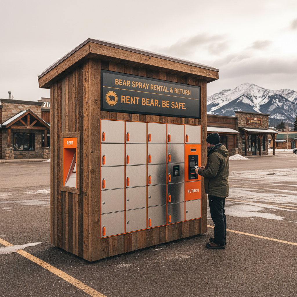 Self-service bear spray rental locker kiosk in a Montana parking lot with mountains in the background