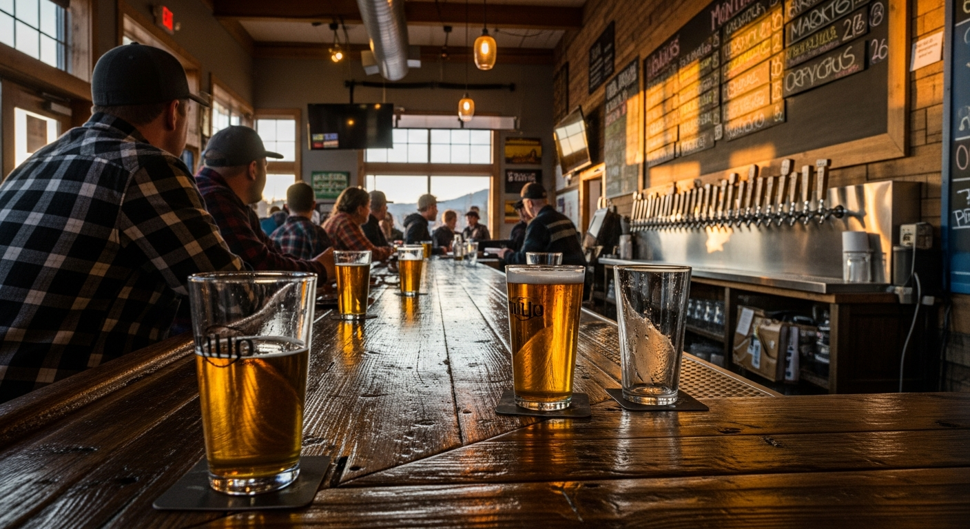 Flight of craft beers on a wooden paddle at a Bozeman brewery taproom