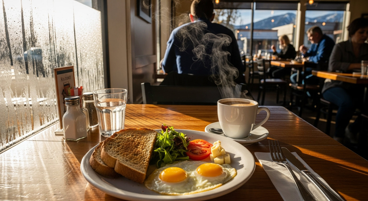 Interior of a warmly lit Bozeman restaurant with exposed brick and a full bar