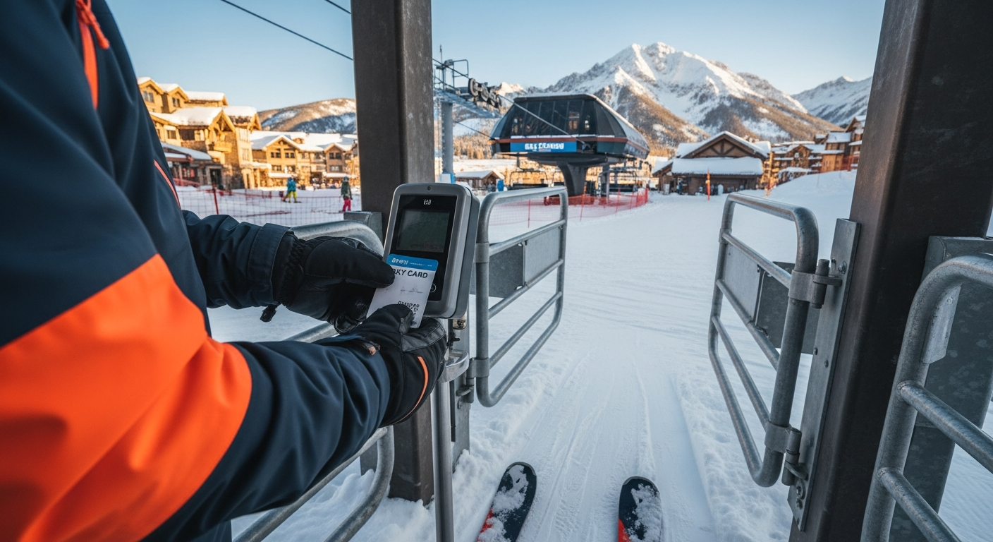Skiers scanning Sky Cards at a Big Sky lift gate with Lone Mountain rising behind the base area