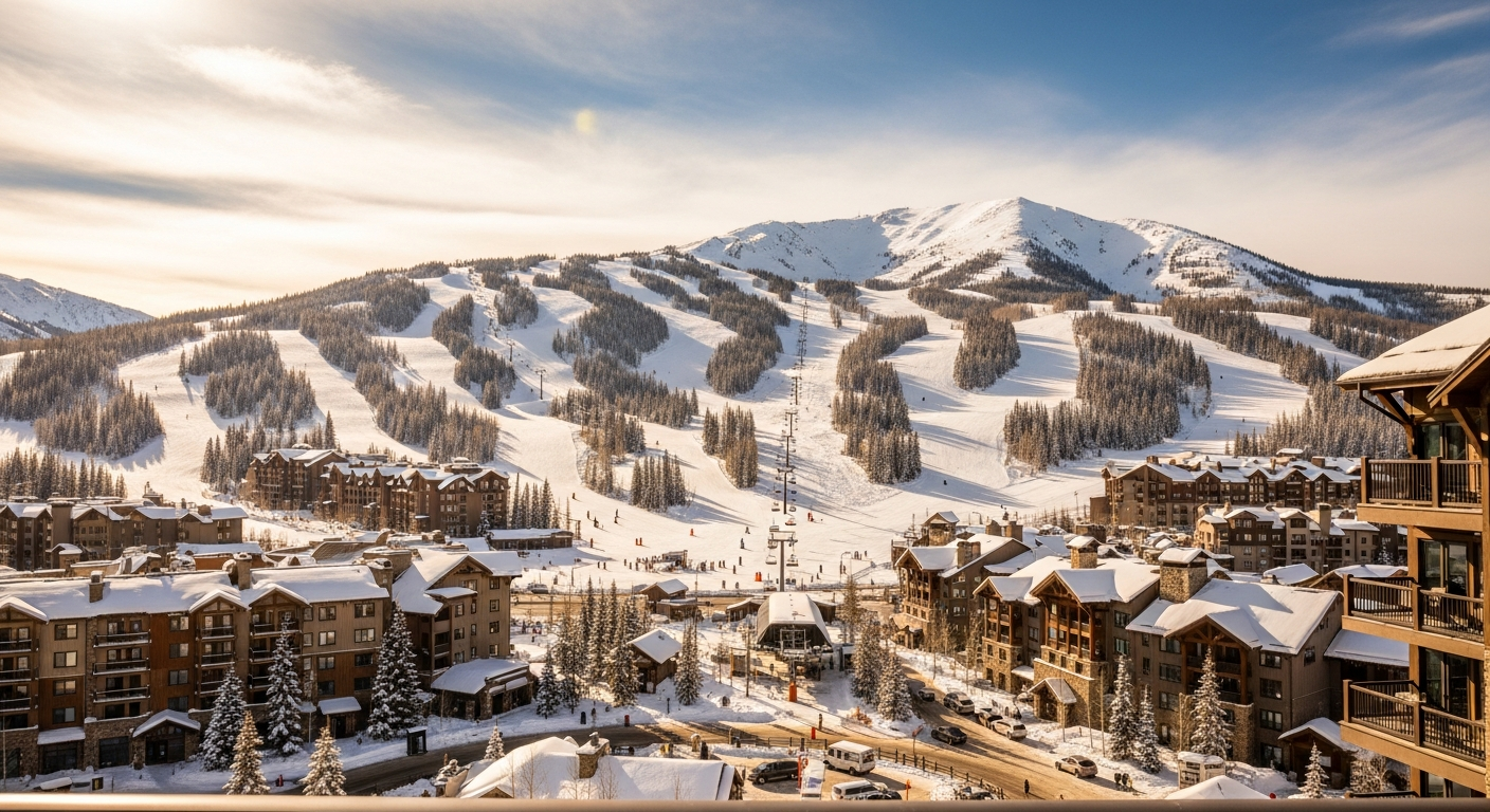 Panoramic view of Big Sky Resort ski runs with Lone Mountain peak in the background