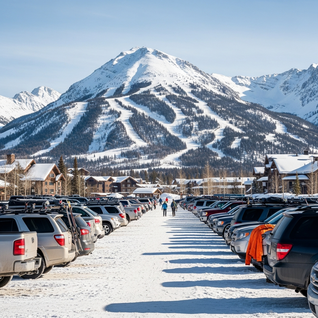Cars parked in a snow-covered Mountain Village parking lot at Big Sky Resort with Lone Mountain rising in the background