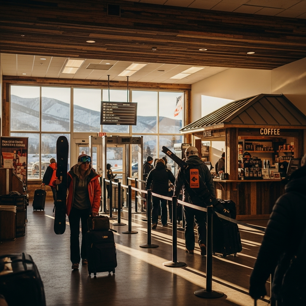 Travelers with luggage walking through the Bozeman Yellowstone International Airport terminal in early morning light