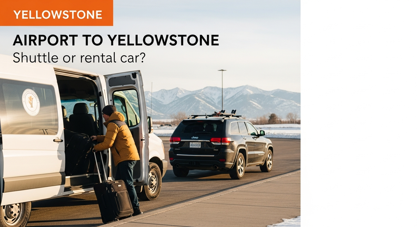 Traveler loading luggage beside a shuttle at Bozeman Yellowstone International Airport with snowy mountains behind