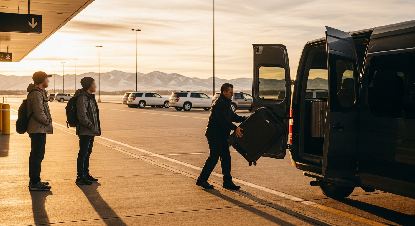 Shared airport shuttle loading passengers outside Bozeman Yellowstone International Airport before a Yellowstone transfer
