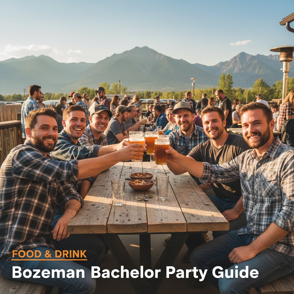 Group of friends clinking pint glasses at a Bozeman brewery patio with mountain views