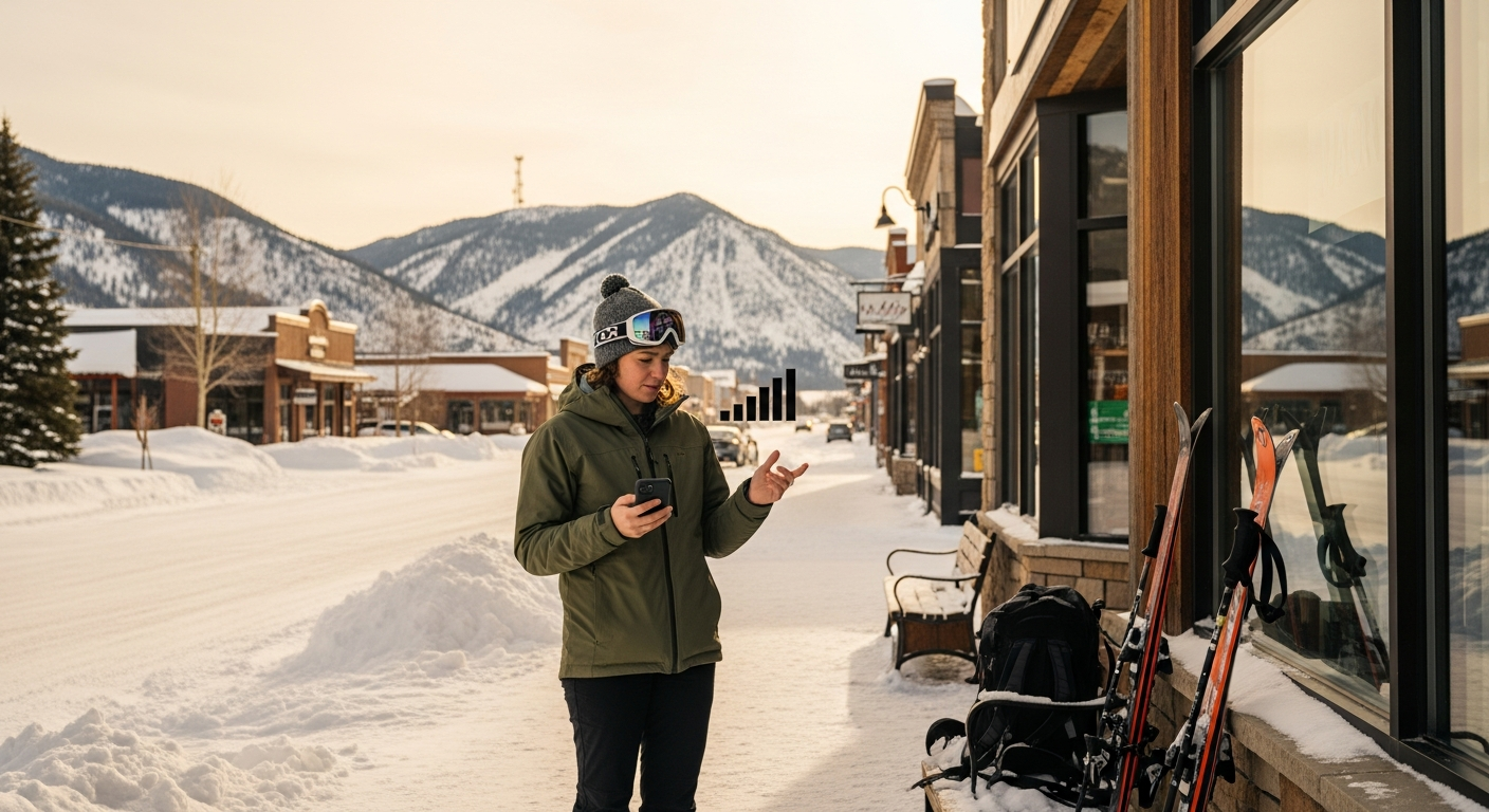 Phone showing no signal bars with Montana mountains in background
