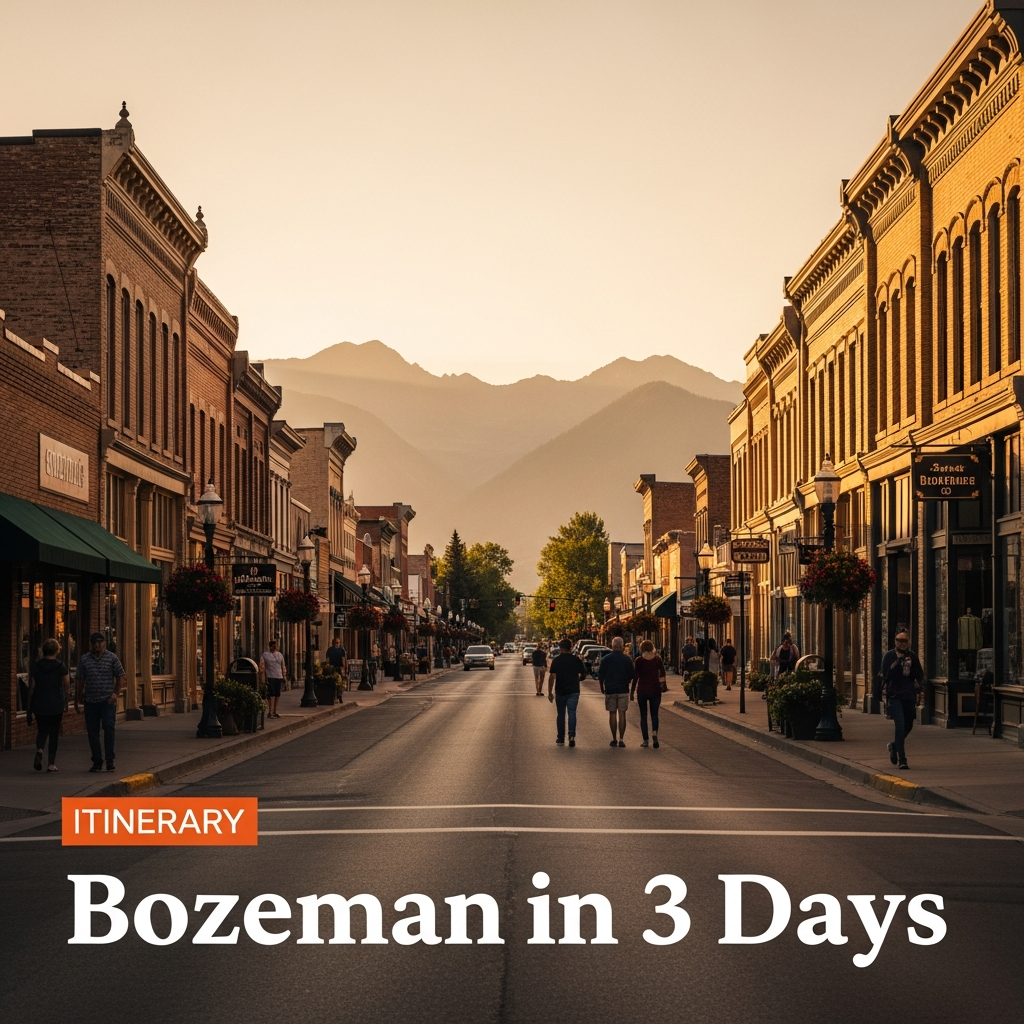 Main Street Bozeman on a summer evening with pedestrians and the Bridger Range in the distance