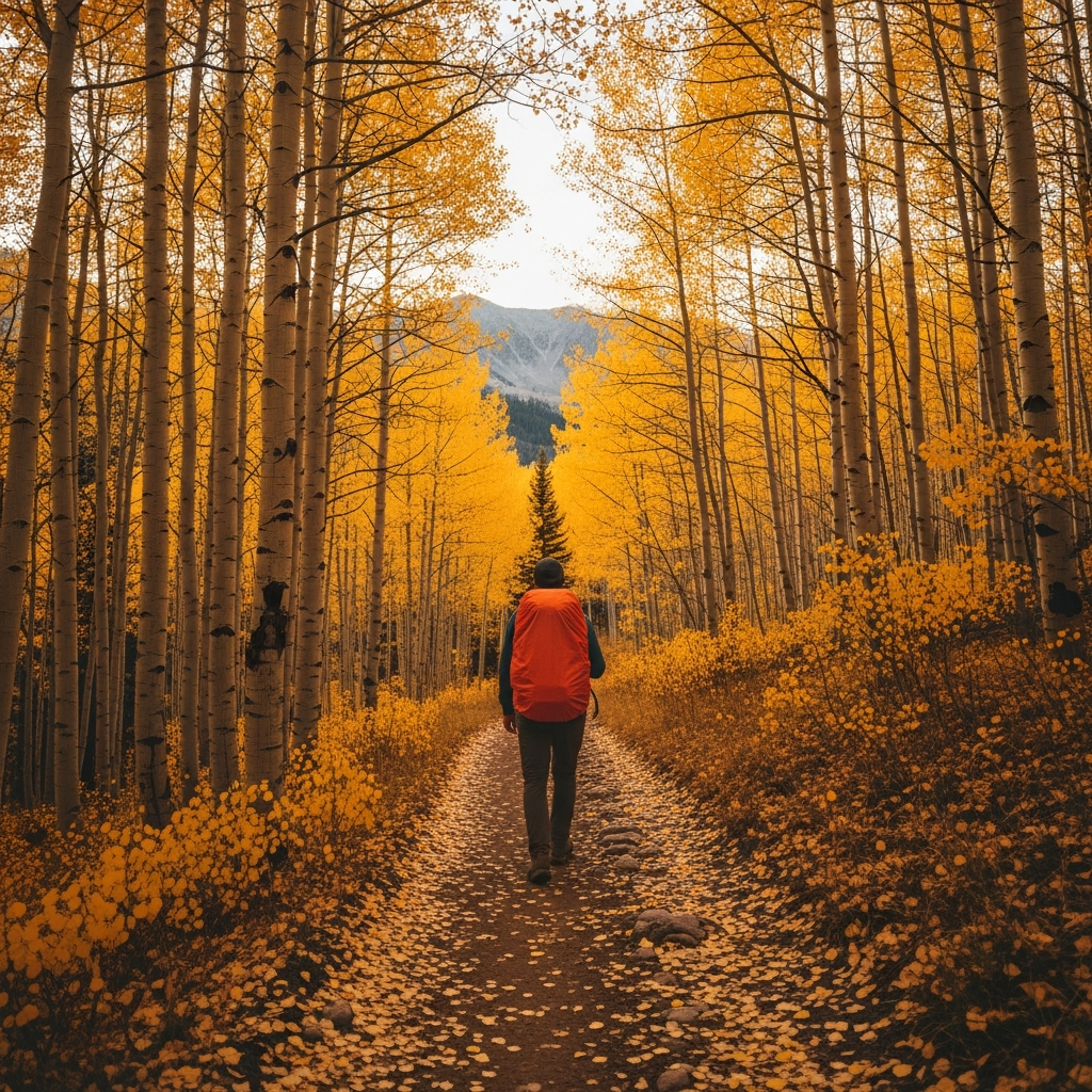 A hiker on a trail surrounded by golden aspens in the Bridger Mountains near Bozeman in fall