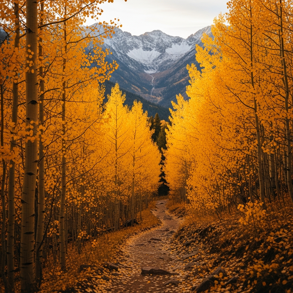 Golden aspen trees lining a trail in Hyalite Canyon near Bozeman with the Gallatin Range in the background