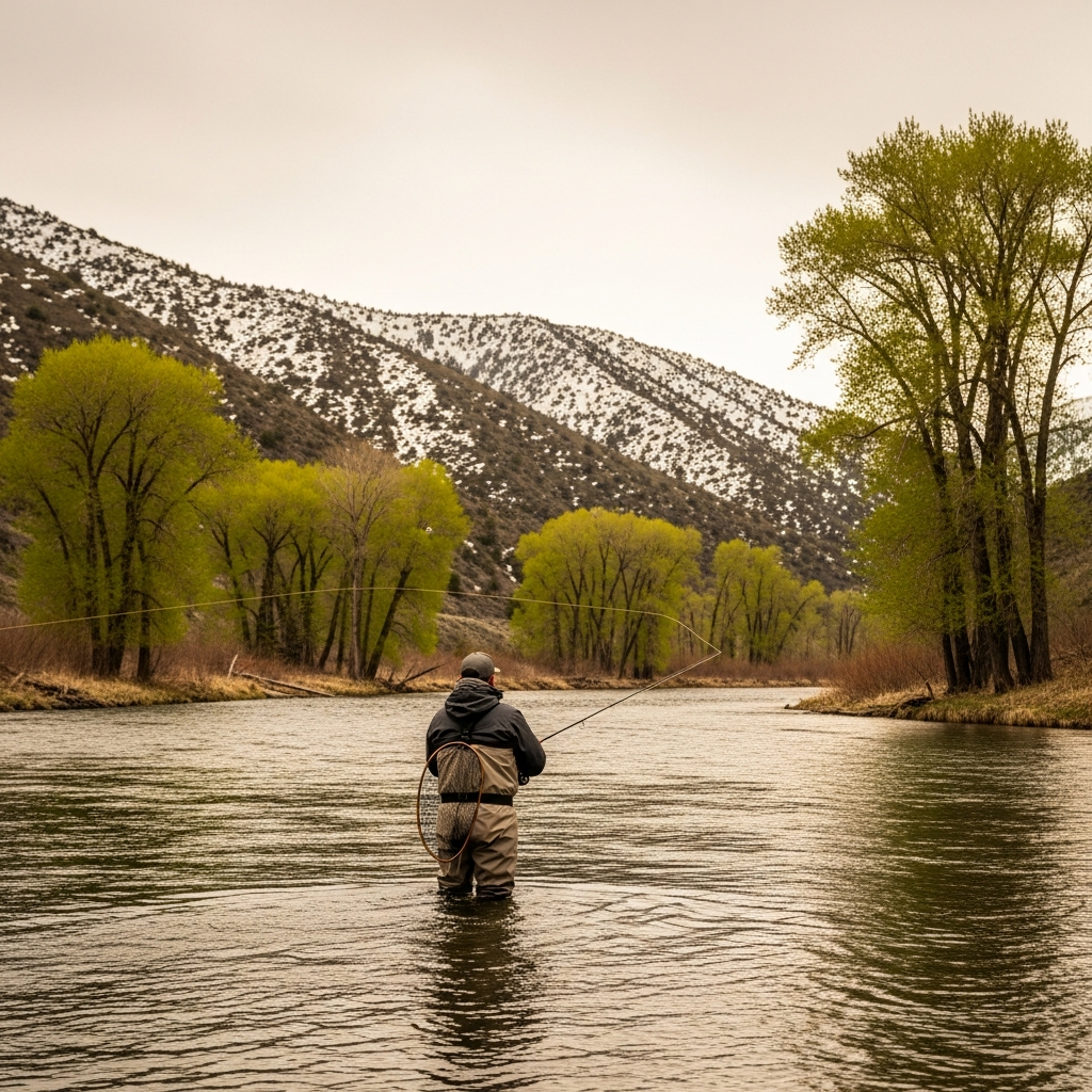 An angler fly fishing on a Montana river in spring with snow-covered mountains and bright green cottonwoods along the banks