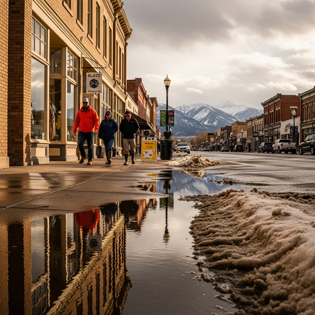 Downtown Bozeman Main Street on a wet spring afternoon with puddles on the sidewalk and the Bridger Range still snow-capped in the background