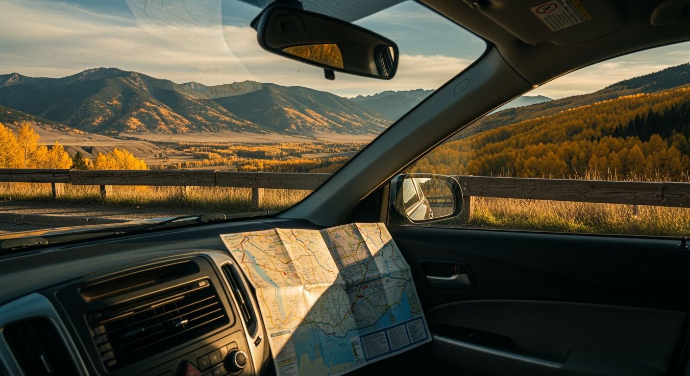 Car driving on a snowy Montana highway with mountain views