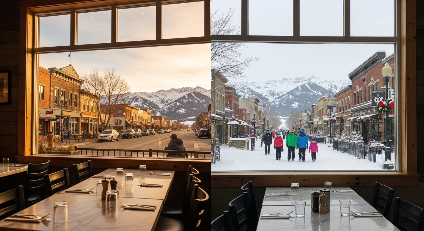 Side by side of Bozeman Main Street in summer sunshine and winter snow