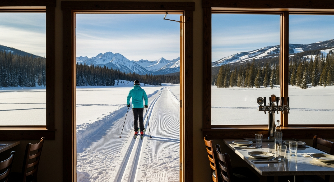 Cross-country skier on a groomed trail with the Bridger Mountains in the background