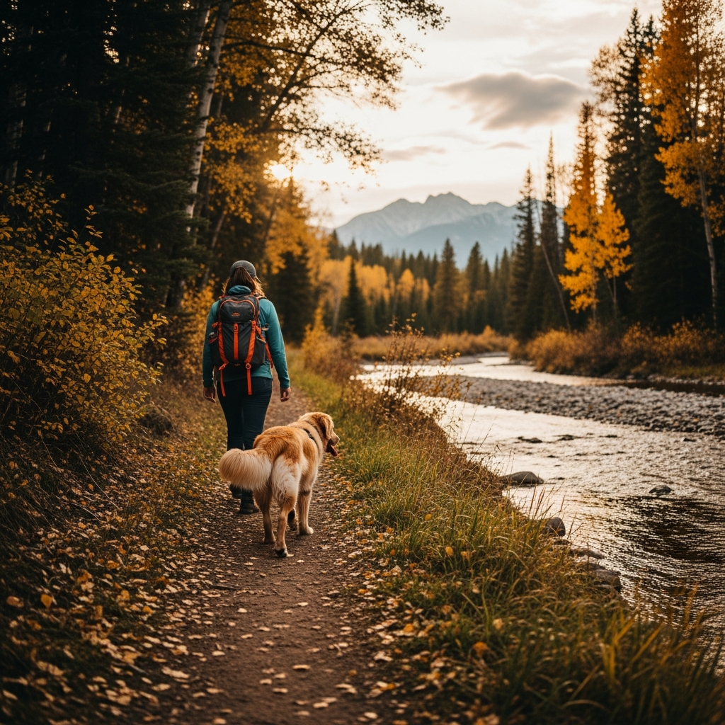 Hiker and dog on a shady trail along a creek in the Gallatin Valley near Bozeman