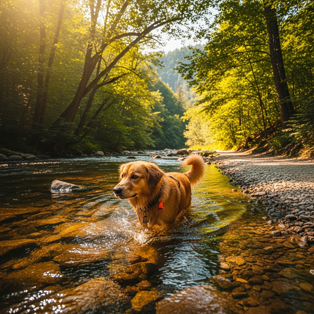 Dog wading through a shallow mountain creek on a shaded forest trail near Bozeman
