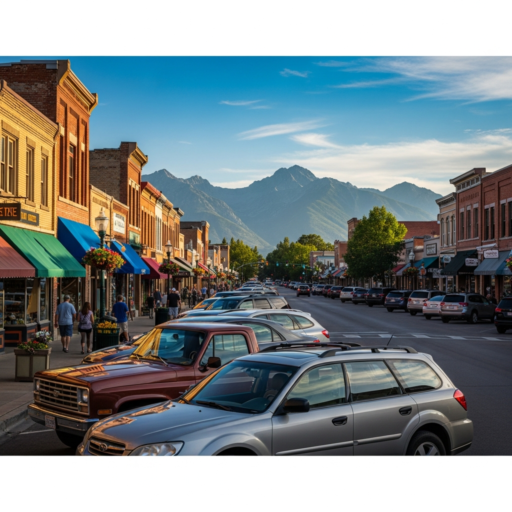 Angled street parking along Main Street in downtown Bozeman with storefronts and the Bridger Range visible at the end of the block
