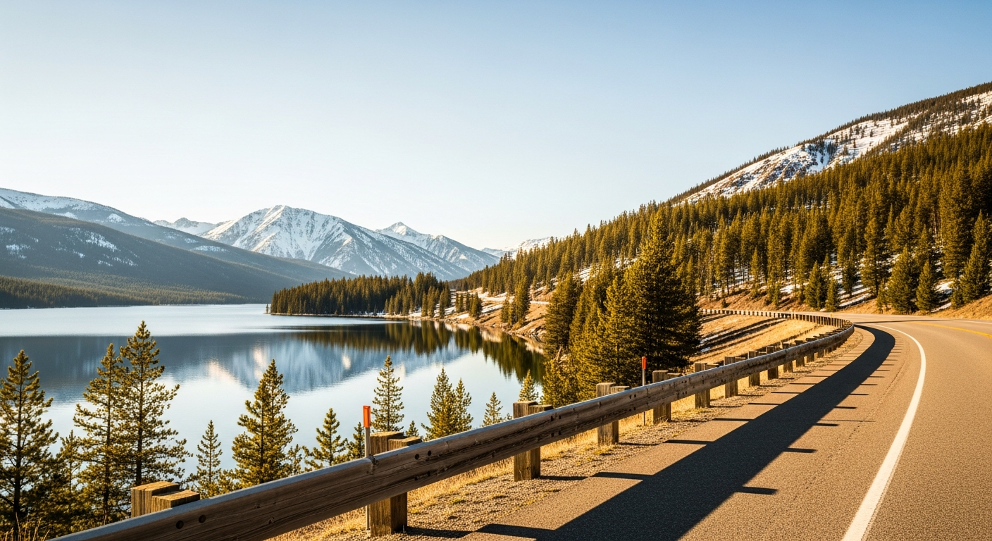 Earthquake Lake beside Highway 287 between Ennis and West Yellowstone under bright spring light