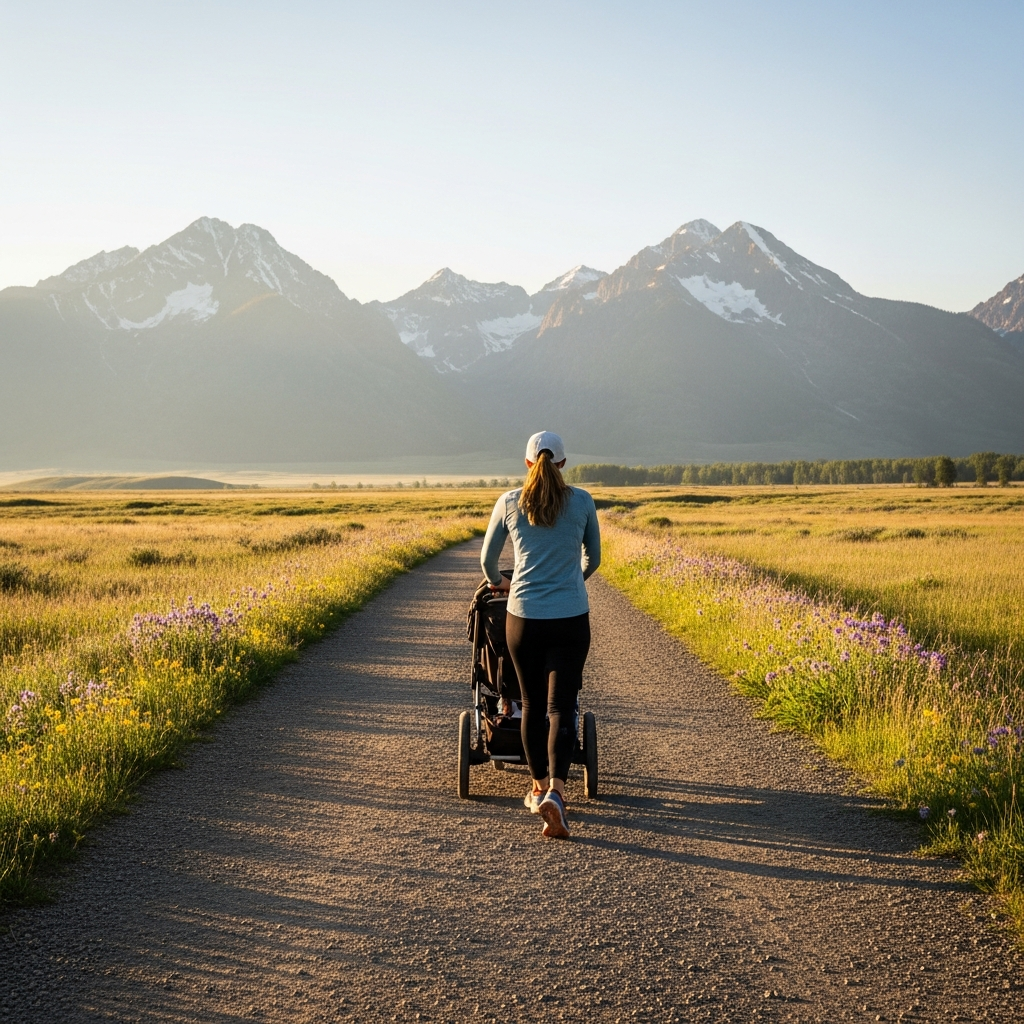 Parent pushing a stroller on a wide gravel trail through open grassland with the Bridger Mountains in the background near Bozeman