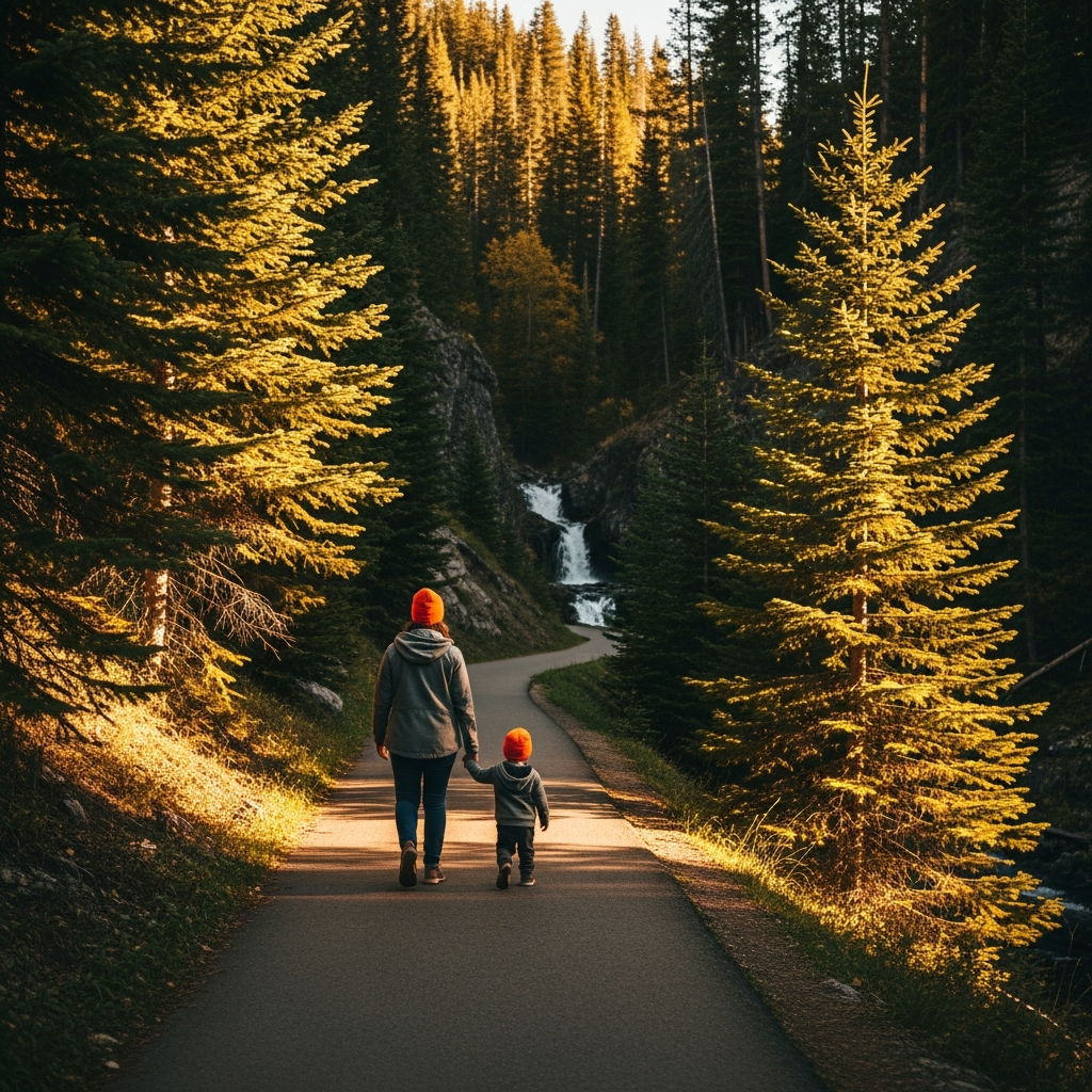 Parent and toddler walking hand-in-hand on a paved trail through an evergreen canyon with a waterfall visible ahead in Hyalite Canyon