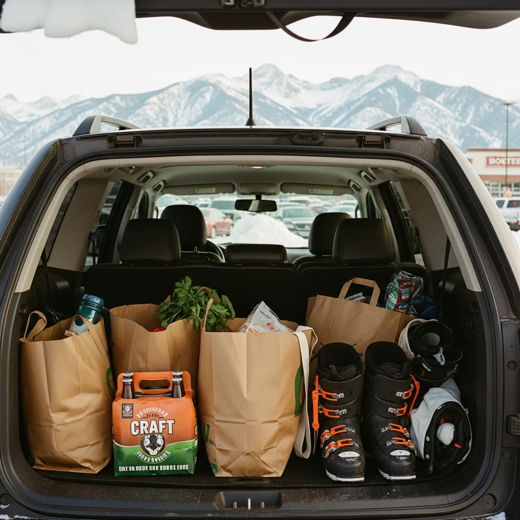 Grocery bags and ski gear loaded in the back of an SUV at a Bozeman parking lot with snowy mountains in the background
