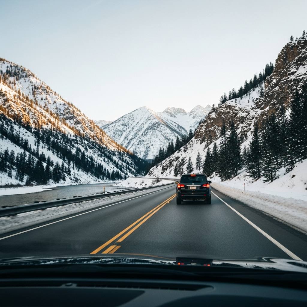 Two-lane Highway 191 winding through snow-covered Gallatin Canyon with the Gallatin River alongside and canyon walls rising on both sides