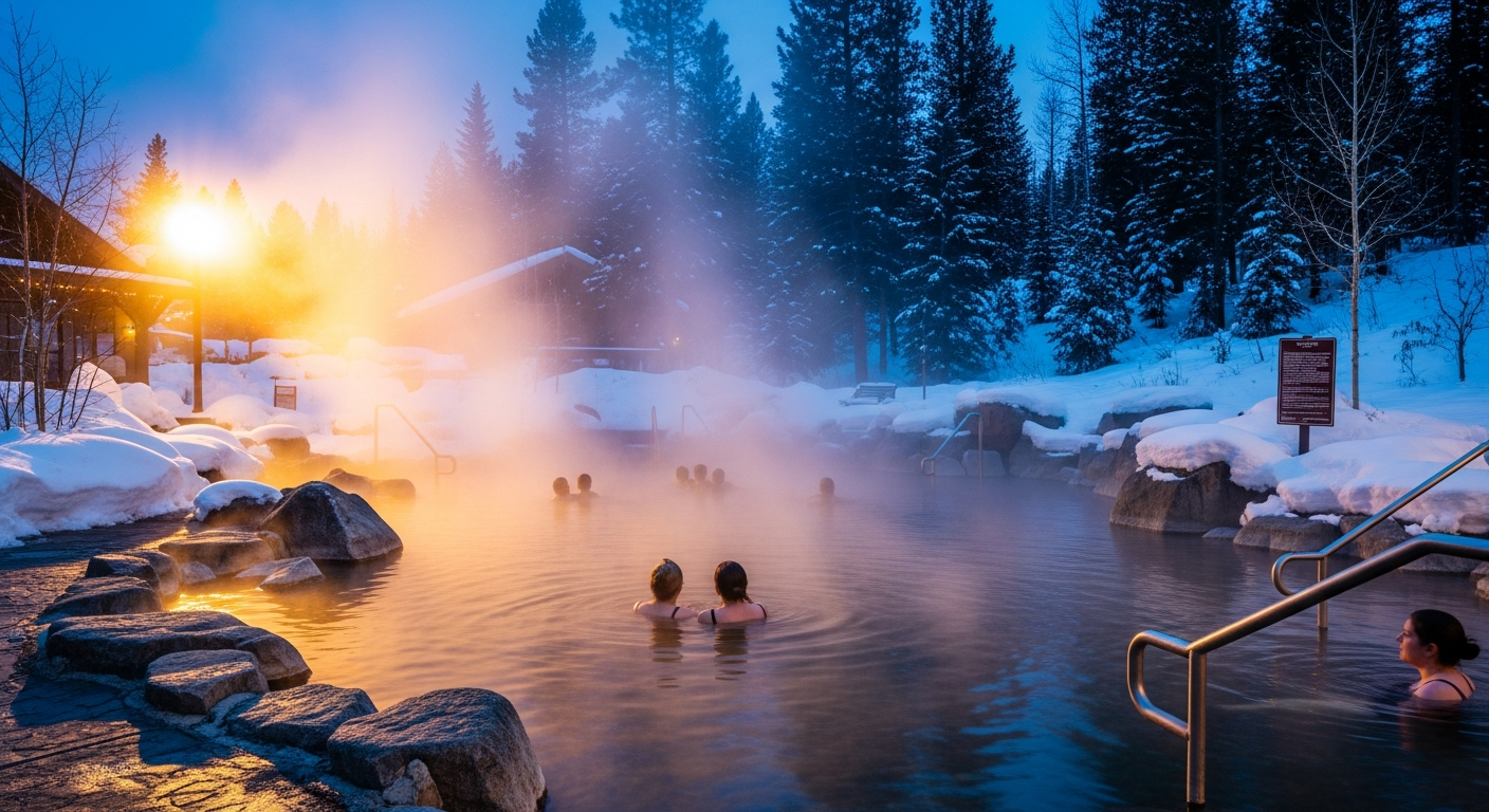 Steam rising from a natural hot spring pool surrounded by snow-covered mountains