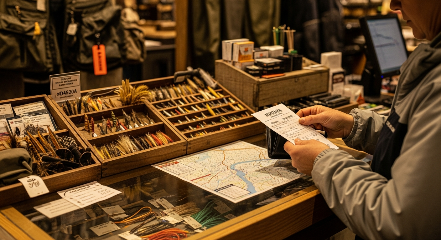 Customer at a Bozeman fly shop counter picking up a Montana fishing license before heading to the river