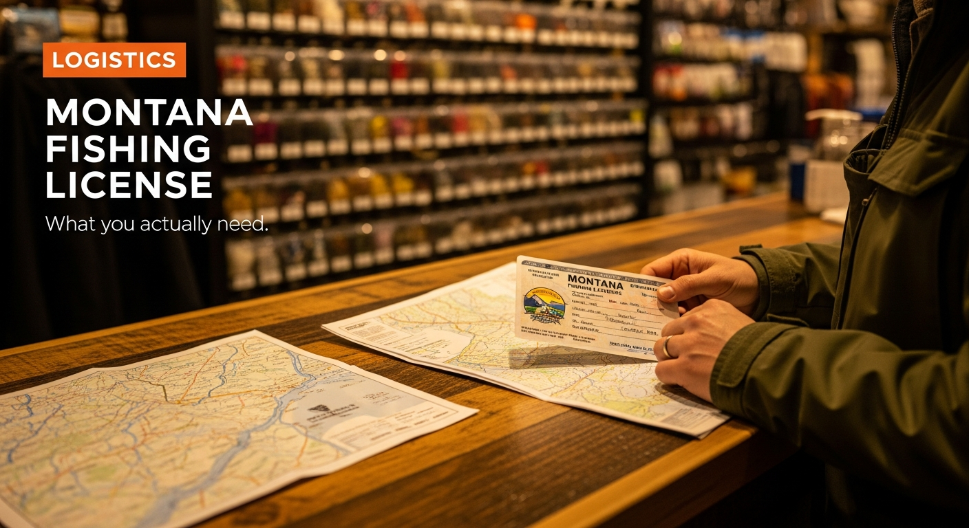 Angler at a Bozeman fly shop counter reviewing a Montana fishing license and river map