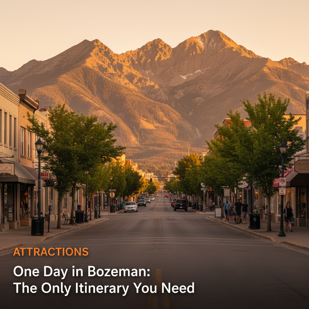 Main Street Bozeman on a summer evening with the Bridger Range visible in the background