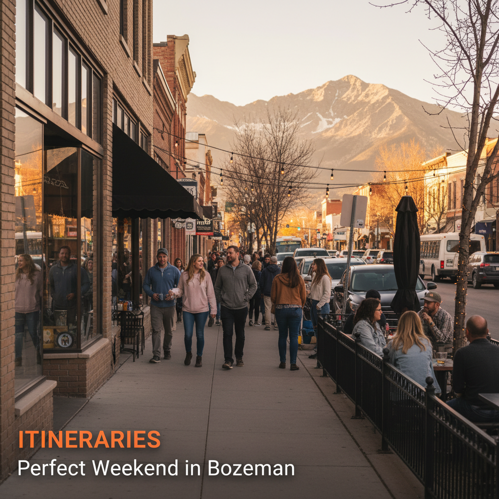 Downtown Bozeman Main Street on a weekend evening with mountain views in the background