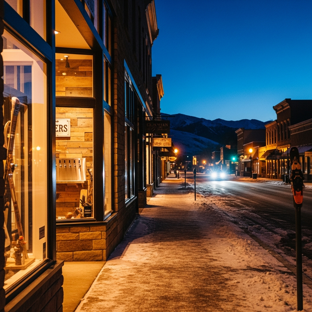 A quiet Bozeman street at night with a lone car's headlights approaching, downtown storefronts glowing in the background