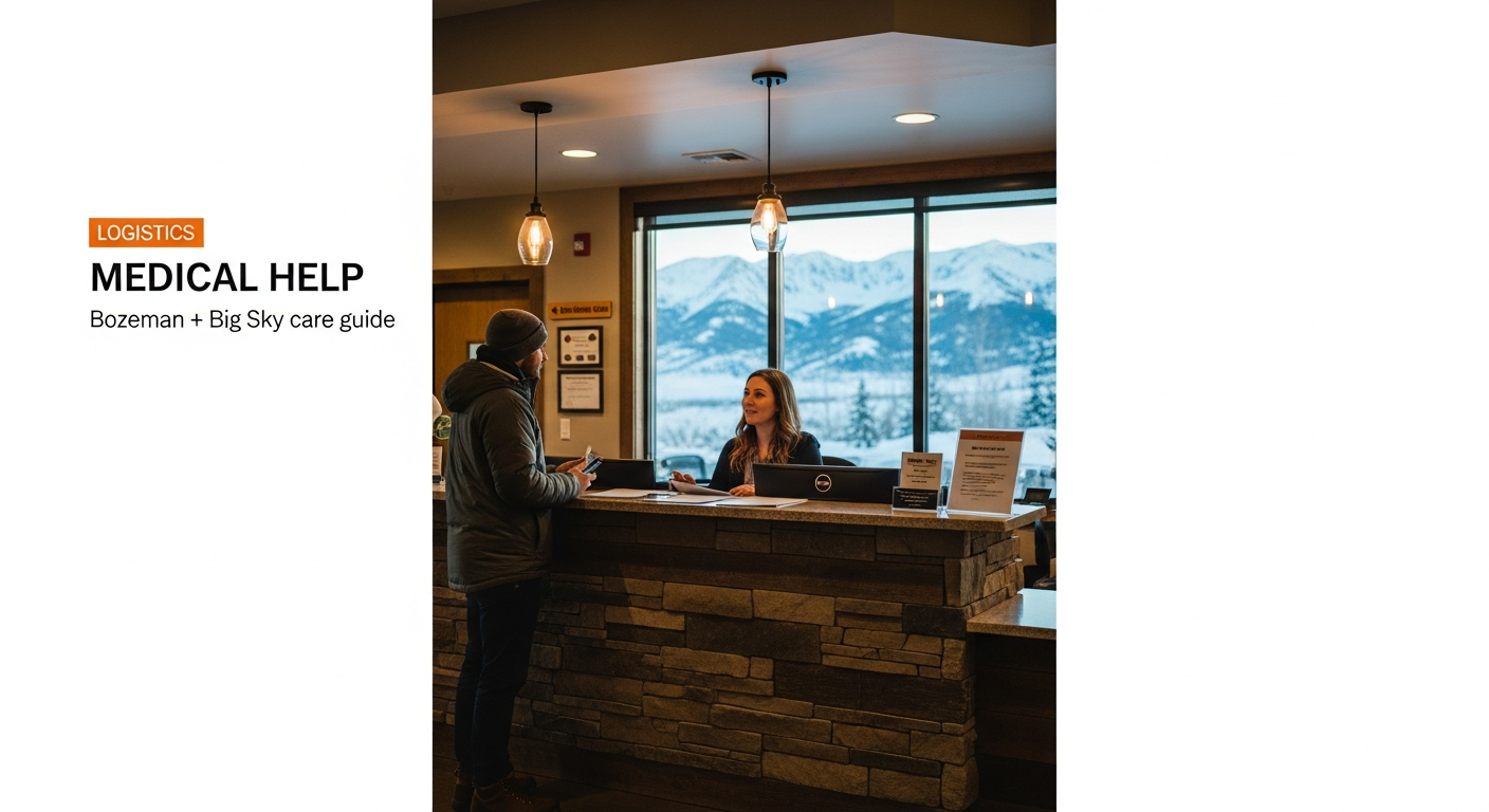 Traveler speaking with a receptionist inside a mountain-town medical clinic with snowy peaks outside
