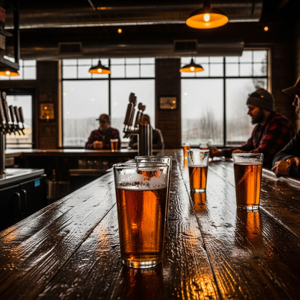 Warm brewery taproom interior in Bozeman on a rainy afternoon with condensation on the windows