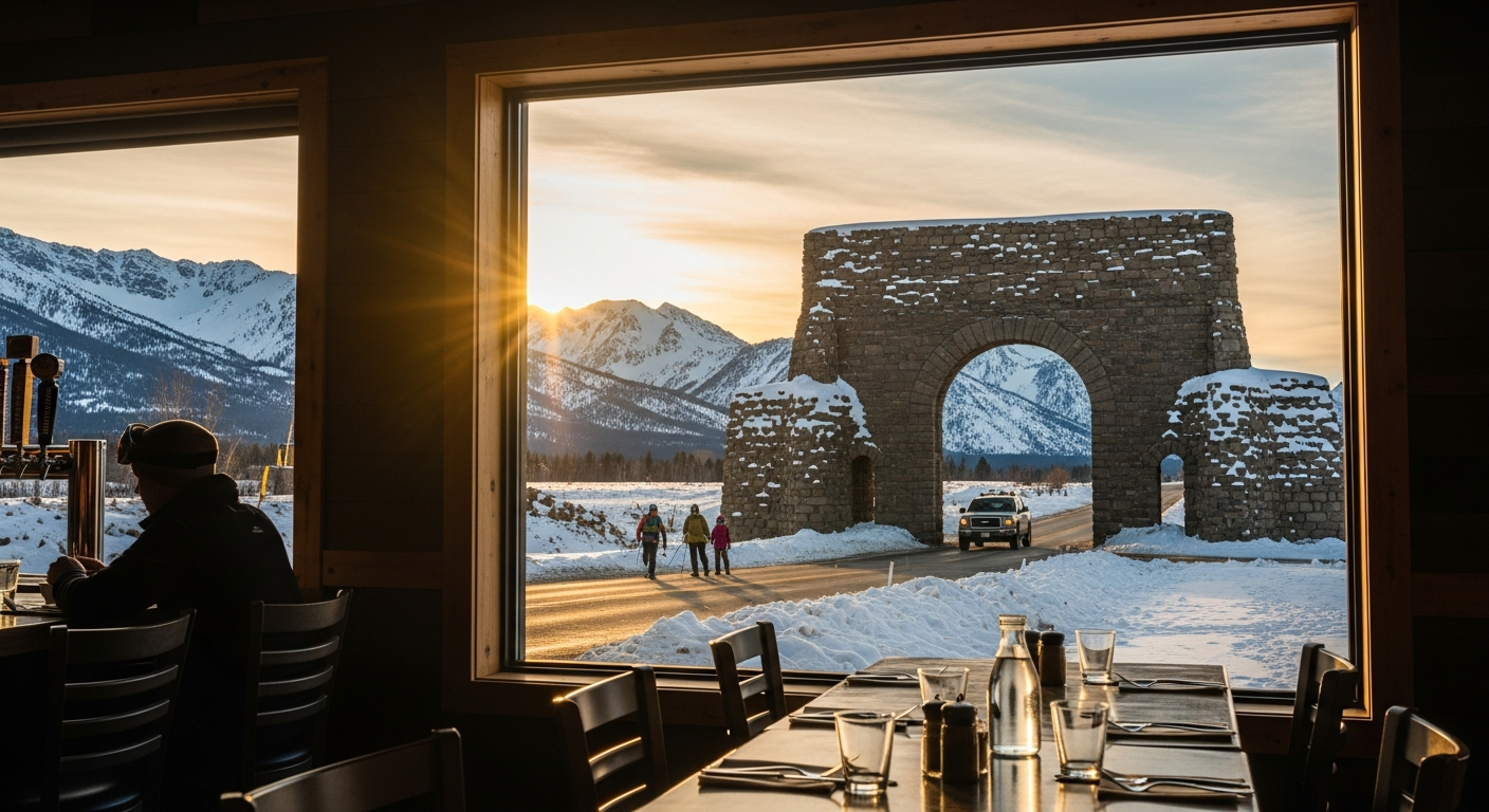 Car approaching Yellowstone's north entrance near Gardiner Montana