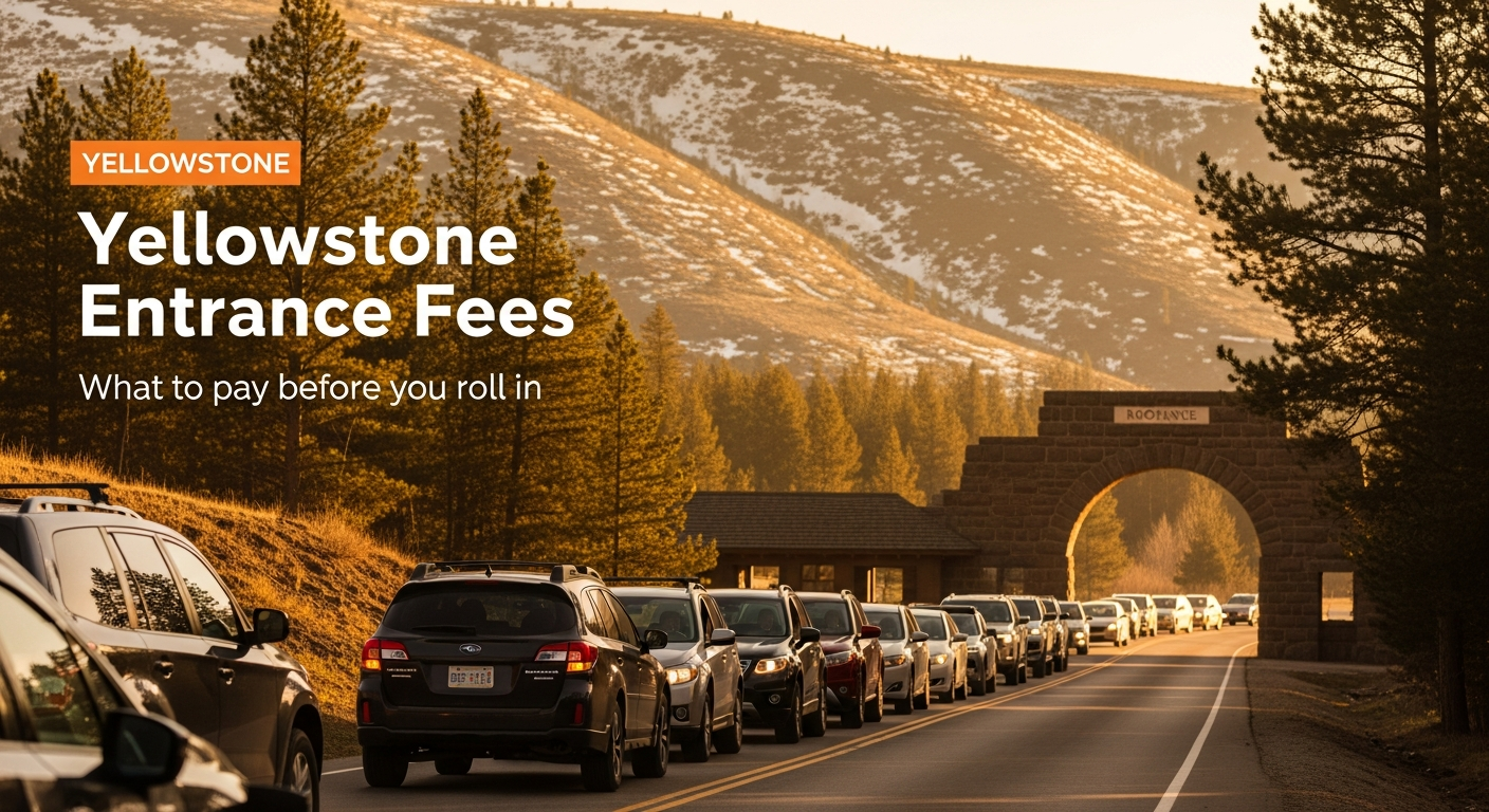 Cars approaching Yellowstone's North Entrance near Gardiner with the Roosevelt Arch in view