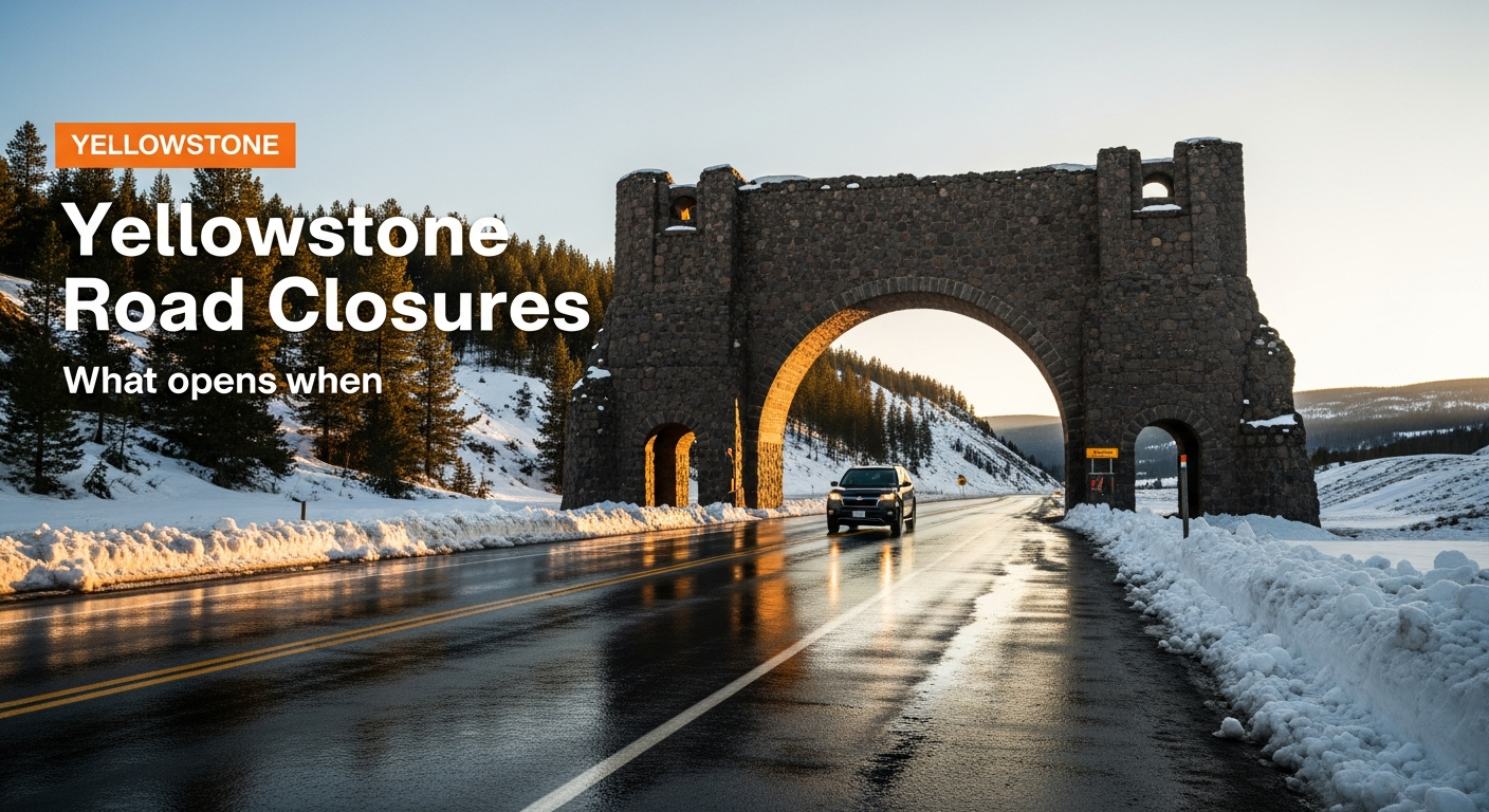 Vehicle approaching Yellowstone's Roosevelt Arch with spring snowbanks beside the road