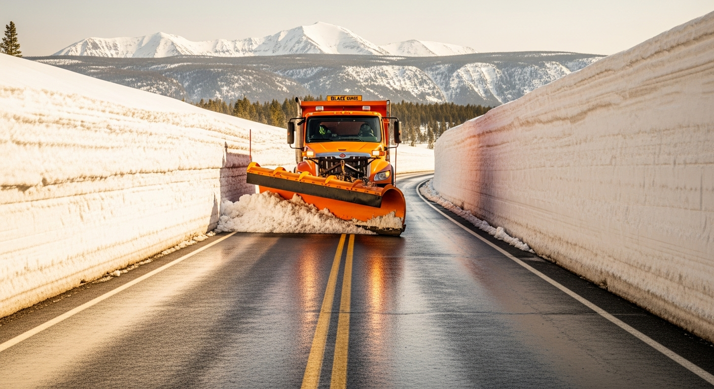 Yellowstone road crews cutting through deep spring snowbanks during annual park plowing