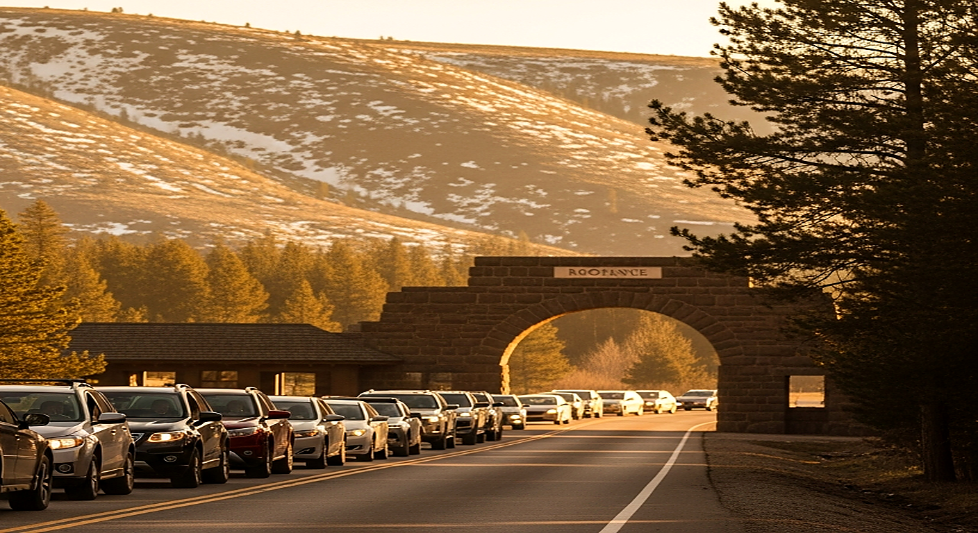 Cars queued beneath Yellowstone's Roosevelt Arch at the North Entrance near Gardiner during golden hour