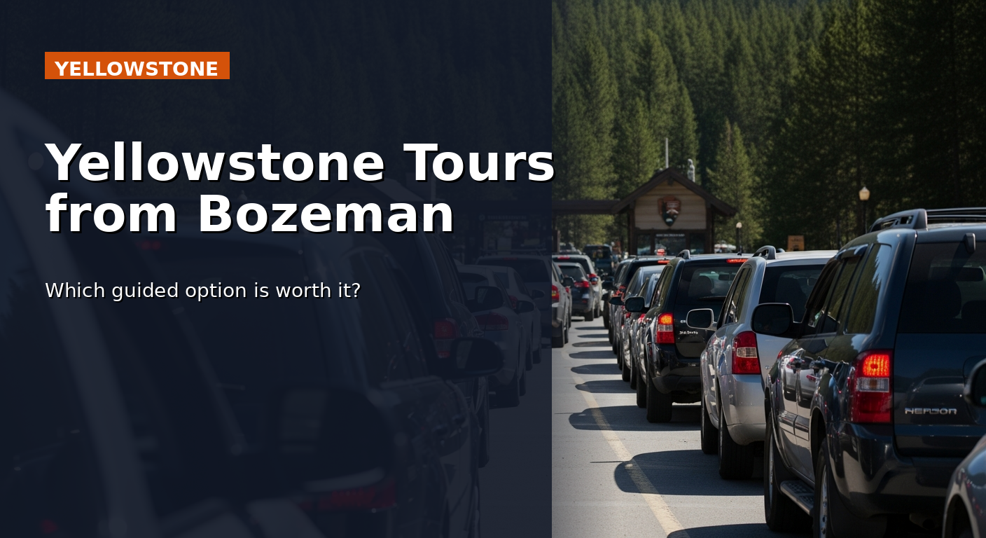 Cars lined up at Yellowstone's West Entrance on a summer morning beneath tall pine trees
