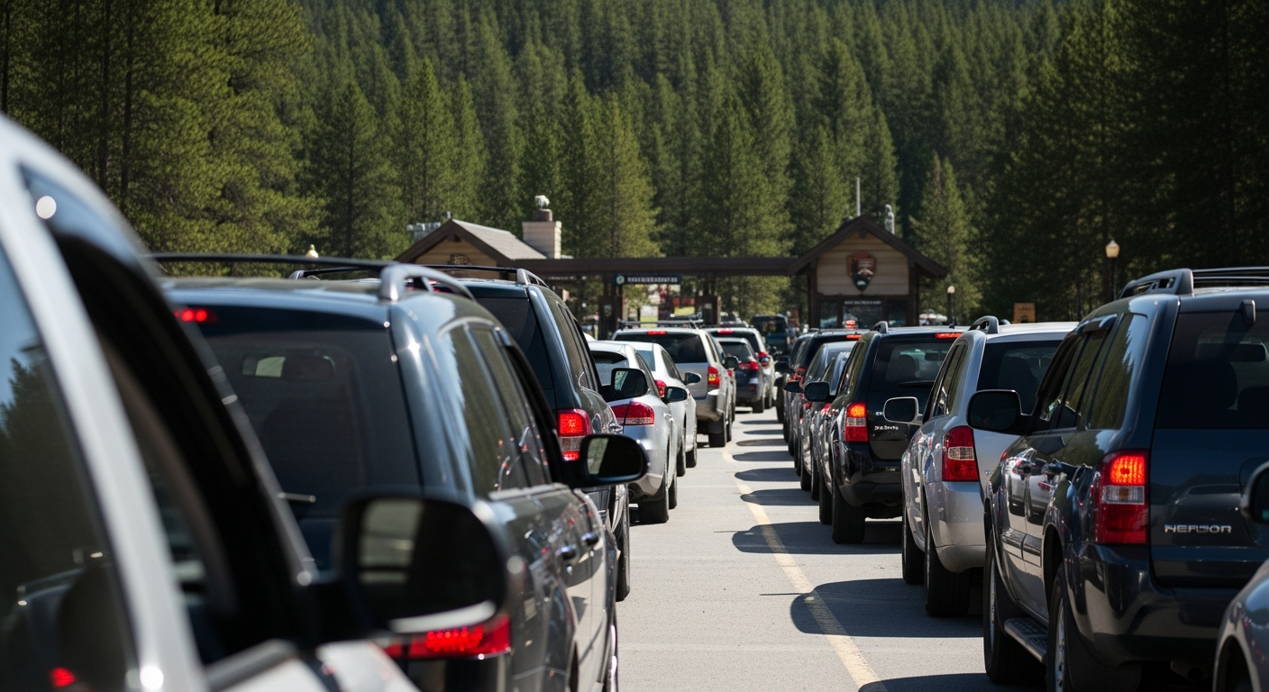 Cars waiting at Yellowstone's West Entrance station with ranger booths and lodgepole pines on a summer morning